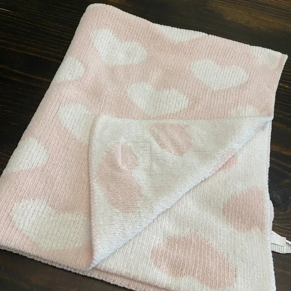 Living Textiles Australia Pink White Heart Plush Knit Baby Blanket 30x40 Nursery